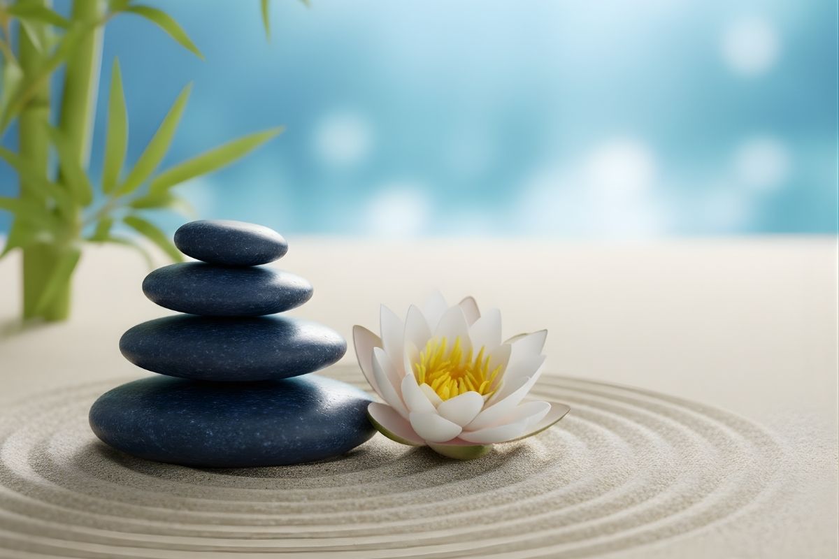 Zen spa garden with stacked smooth stones, white lotus and raked sand circles, bamboo, calming blue background