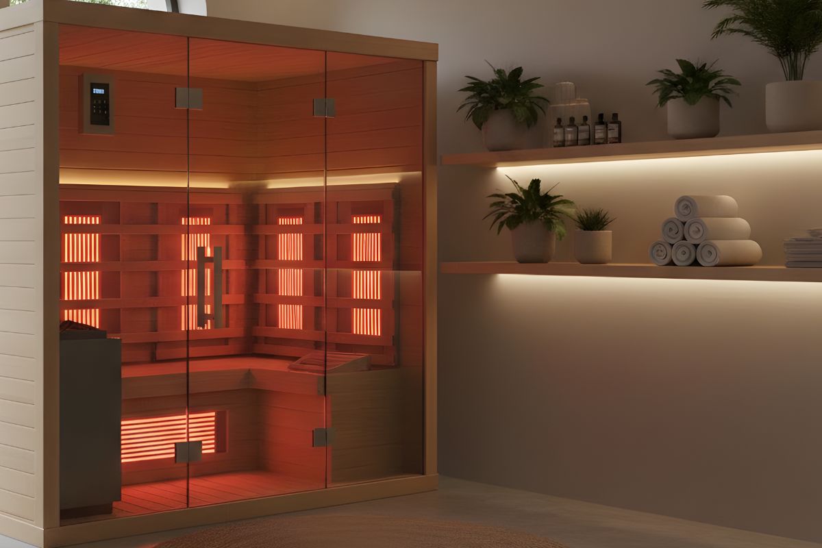 Modern infrared sauna with glass door in luxury home spa, red heater panels, plants and rolled towels on lit shelves.