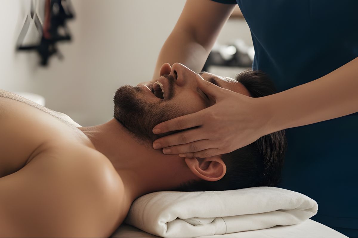 Man receiving neck and jaw massage; therapist supports head for relaxation and pain relief at wellness spa.