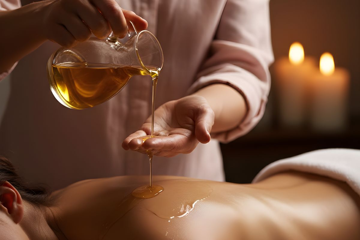 Therapist pouring warm aromatherapy oil onto client’s back during relaxing spa massage, with candles glowing in background.
