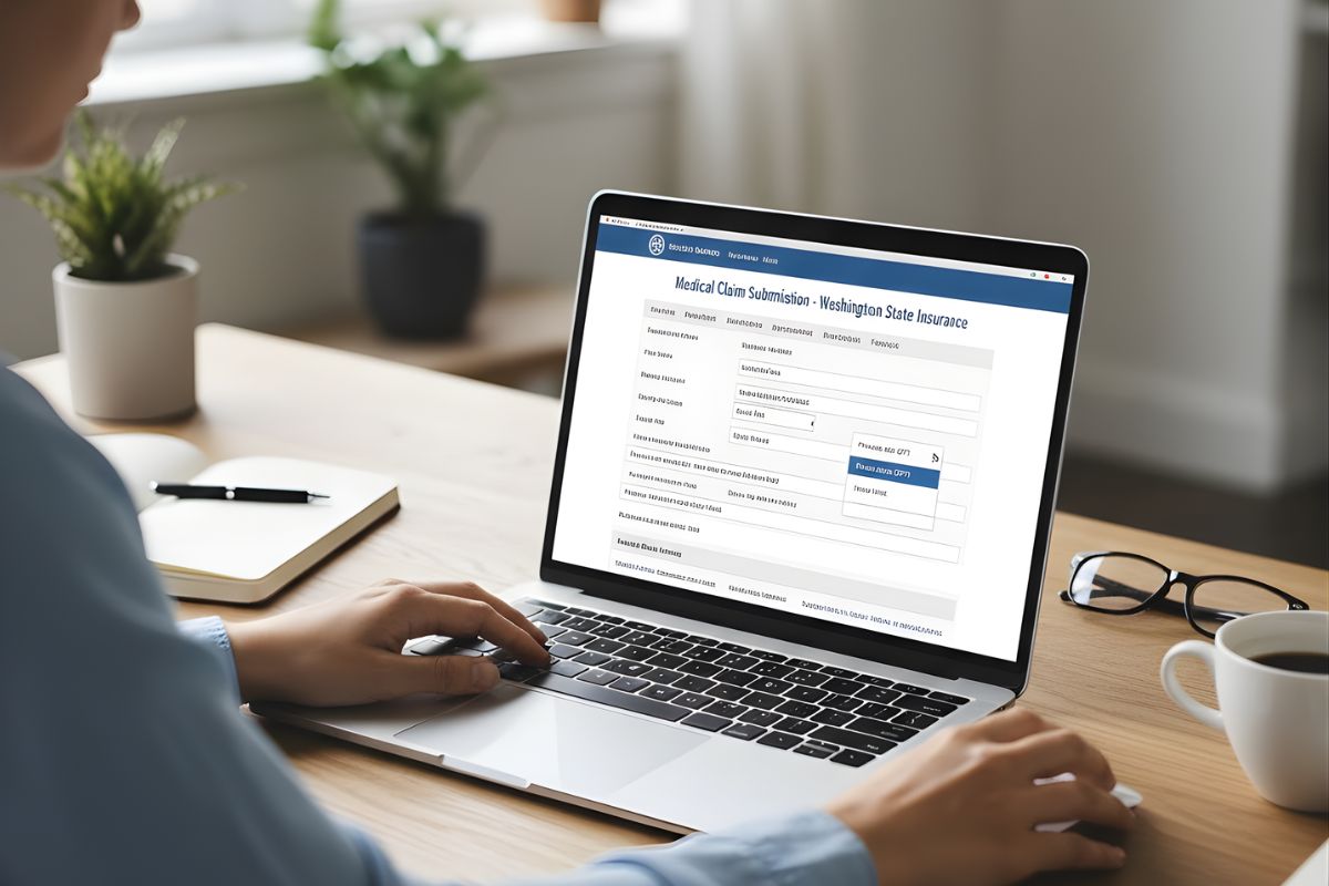 User filling Washington State Insurance medical claim submission form online on a laptop at home office.