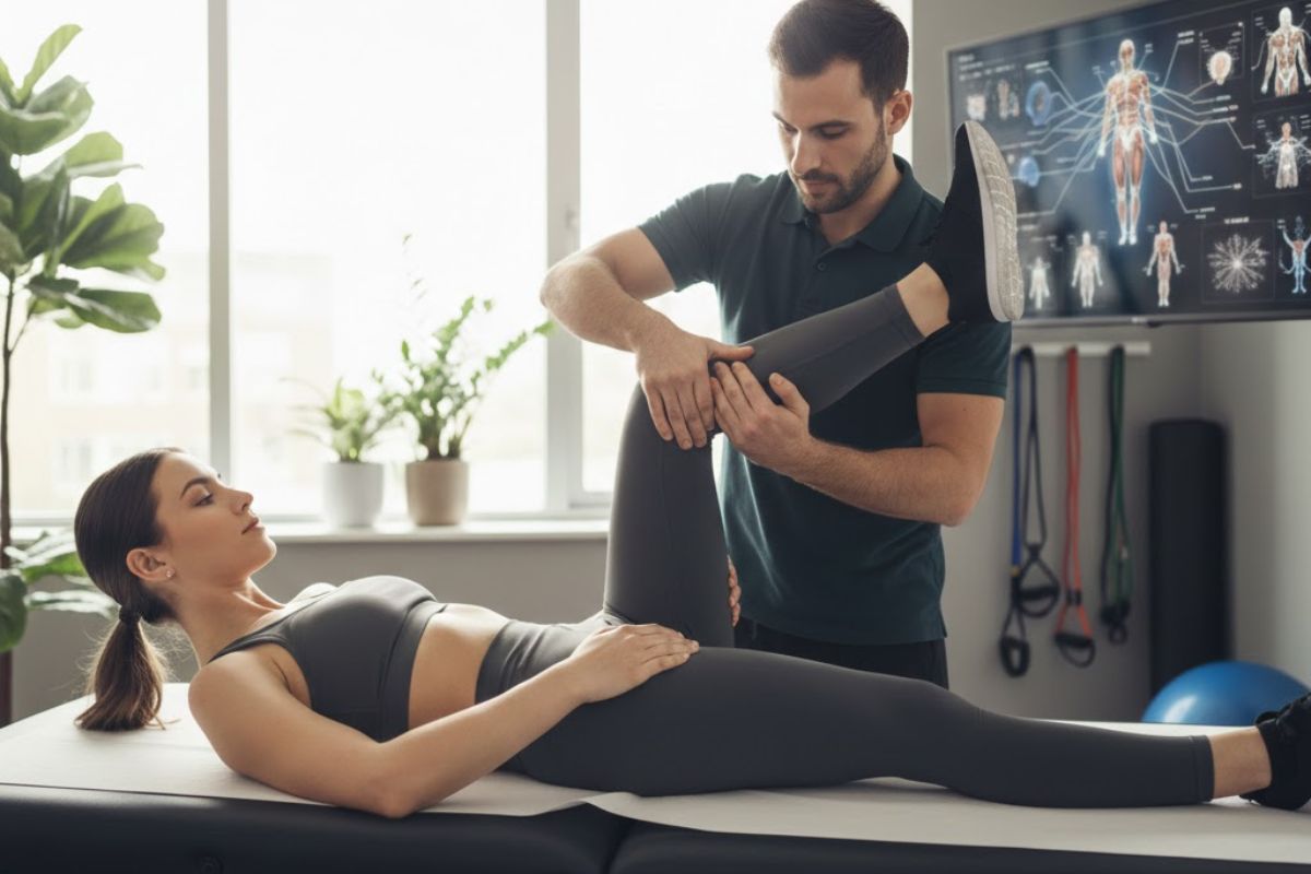 Physical therapist assisting patient with knee and hip stretch on treatment table in modern physiotherapy clinic