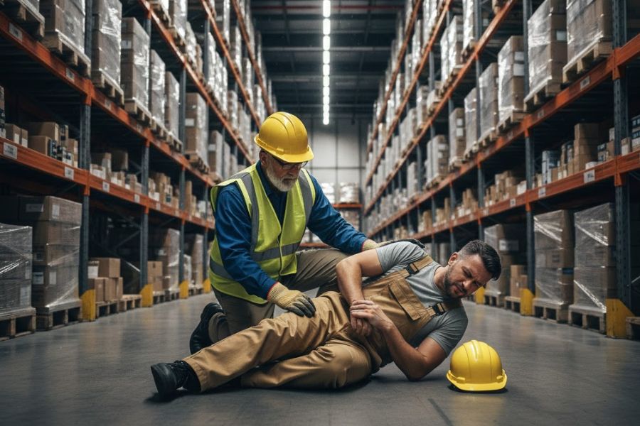 Warehouse accident: injured worker on floor clutching leg, coworker providing first aid and safety support.