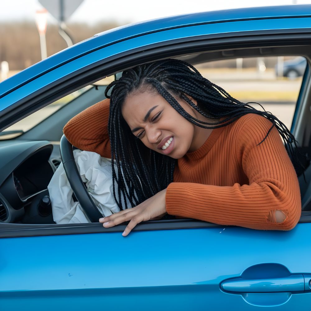 Driver holding neck in pain after car crash, airbag deployed inside blue vehicle